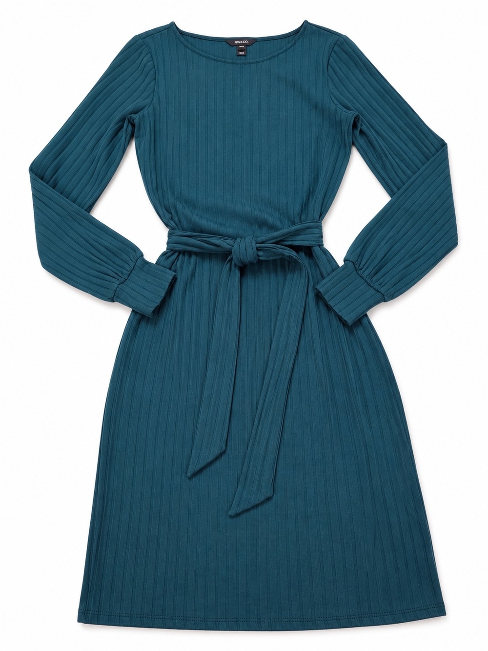 RW&CO Teal Ribbed Belted Long Sleeve Dress – XS